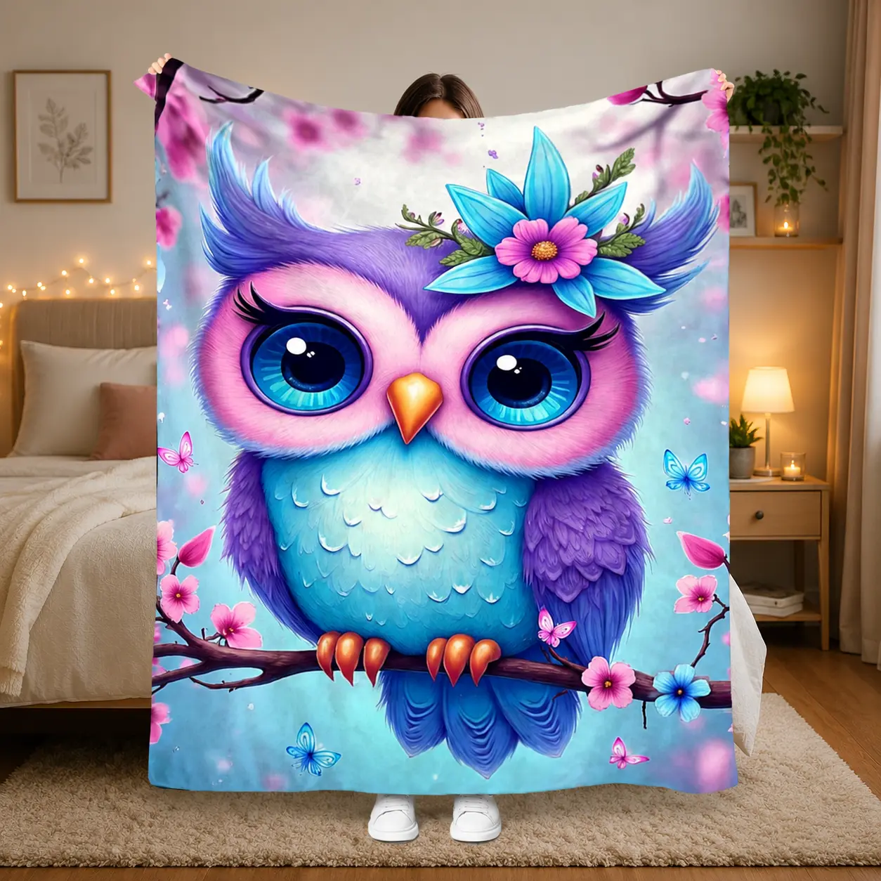 Whimsical Colorful Owl Air-Conditioning Blanket - 30x40 in, Wrinkle Resistant, Silky Texture, Colorful Print, Soft Purple-Blue Wings, Floral Crown, Fluttering Butterflies, Multi-Size Option, All Seasons Home/Camping Use for Adults, Ideal Gift, Travel