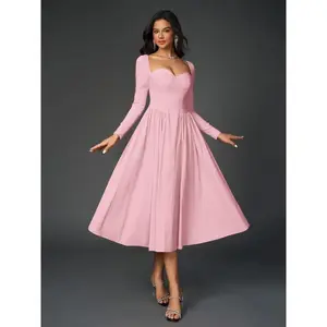 Women's Plain Ruched Tie Back Sweetheart Collar Formal Wear, Comfortable and Elegant Tie Back Details Exquisite High Elastic Long Sleeve Party Holiday Wedding Guest Lines Dress, Capri Sundress, Women's Spring and Autumn Clothes Womenswear Workwear