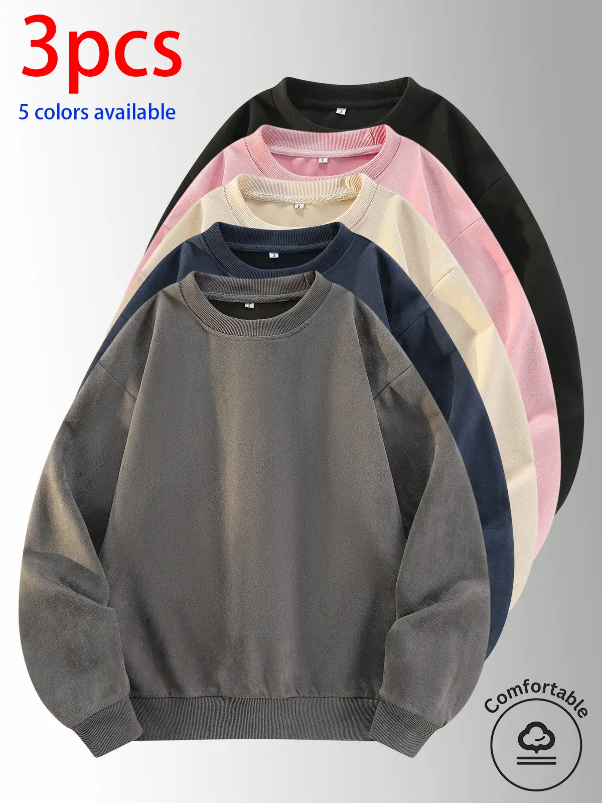 3-pack: men’s crewneck sweatshirt, men’s pullover sweatshirt.Loose, comfortable fit, no print design—simple and versatile for home, everyday casual wear, campus, and commuting to work.