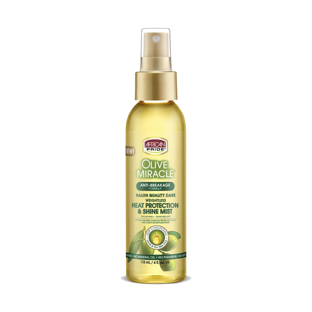 African Pride Olive Miracle Heat Protection & Shine Mist, Salon Quality Care, Weightless, Anti-Breakage Formula