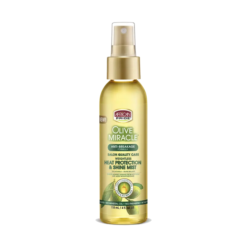 African Pride Olive Miracle Heat Protection & Shine Mist, Salon Quality Care, Weightless, Anti-Breakage Formula