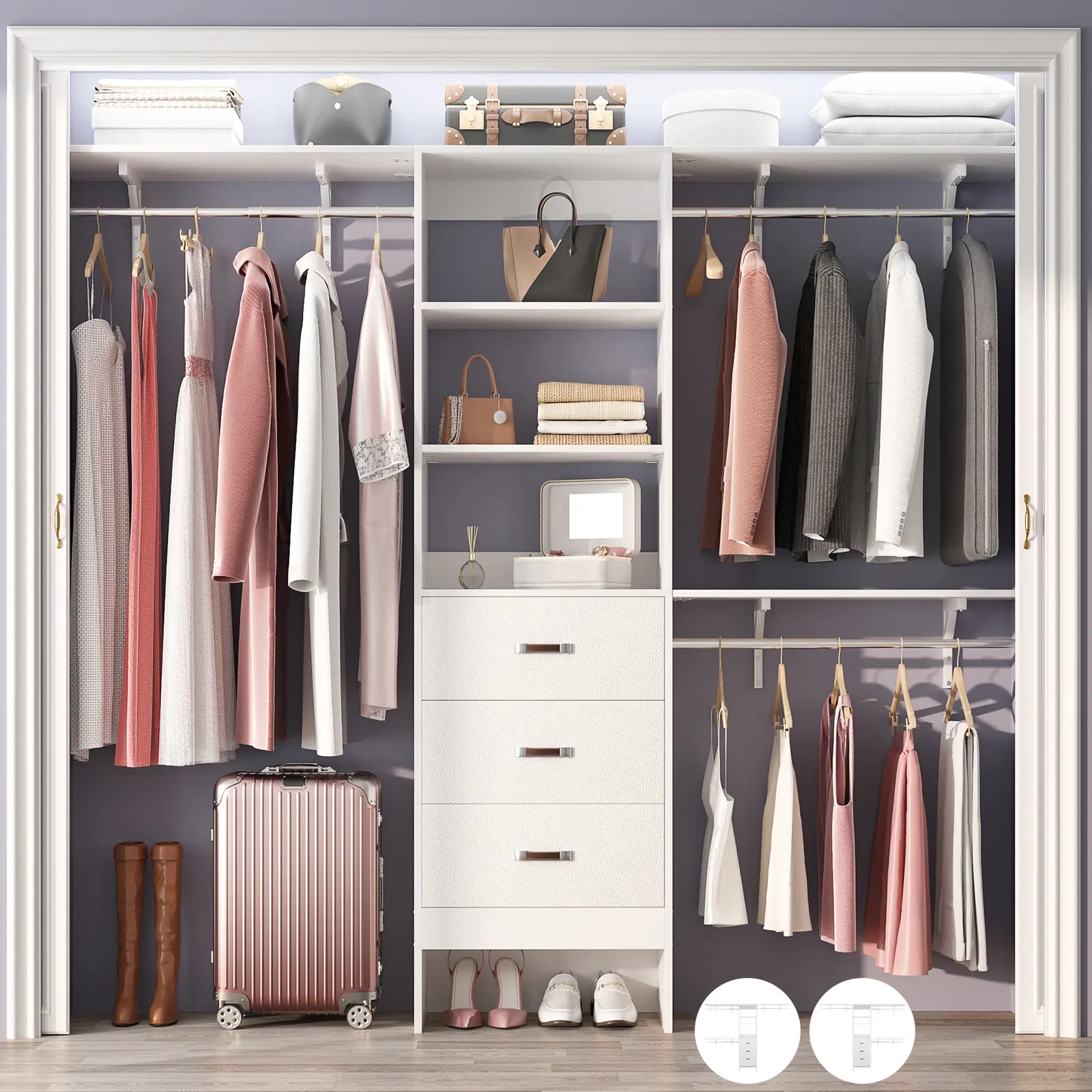 Cyclysio Closet System, 8FT Closet Organizer System with 3 Wooden Drawers, 96'' Walk-in Closet with 3 Hanging Rods & 3 Shelf Tower