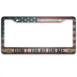 Don't Tread on Me American Us Flag Stainless Steel - Round-Hole License Plate Frame | Alumina, Funny, 2-Hole, 12 x 6 Inch | Car Accessories Number Plates