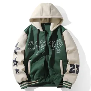 Men's green & Color-Block Hooded Varsity Jacket with,  Number 23 Print, Iconic Chicago Lettering & Pockets- Snap Button Closure, Pockets, Machine Washable Casual Streetwear Baseball Coat for Events & Retro Style