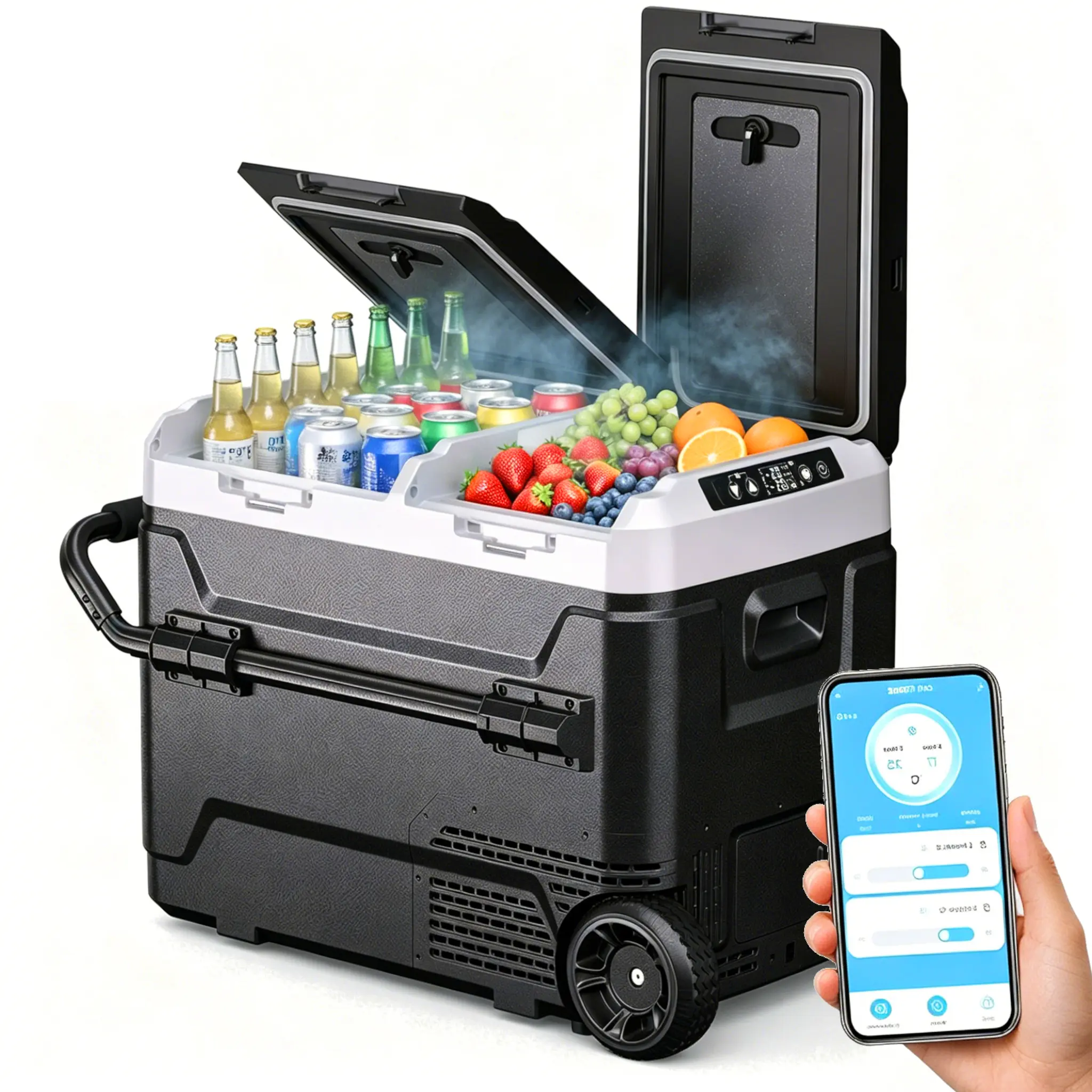 【DealsForYouDays】12 Volt Car Refrigerator, 42.3QT/40L Car Fridge, Dual Zone Portable Electric Cooler with Wheels and Handle, -4℉~68℉, 12/24V DC 100-240V AC Compressor Freezer for Outdoor, Camping, Travel, RV