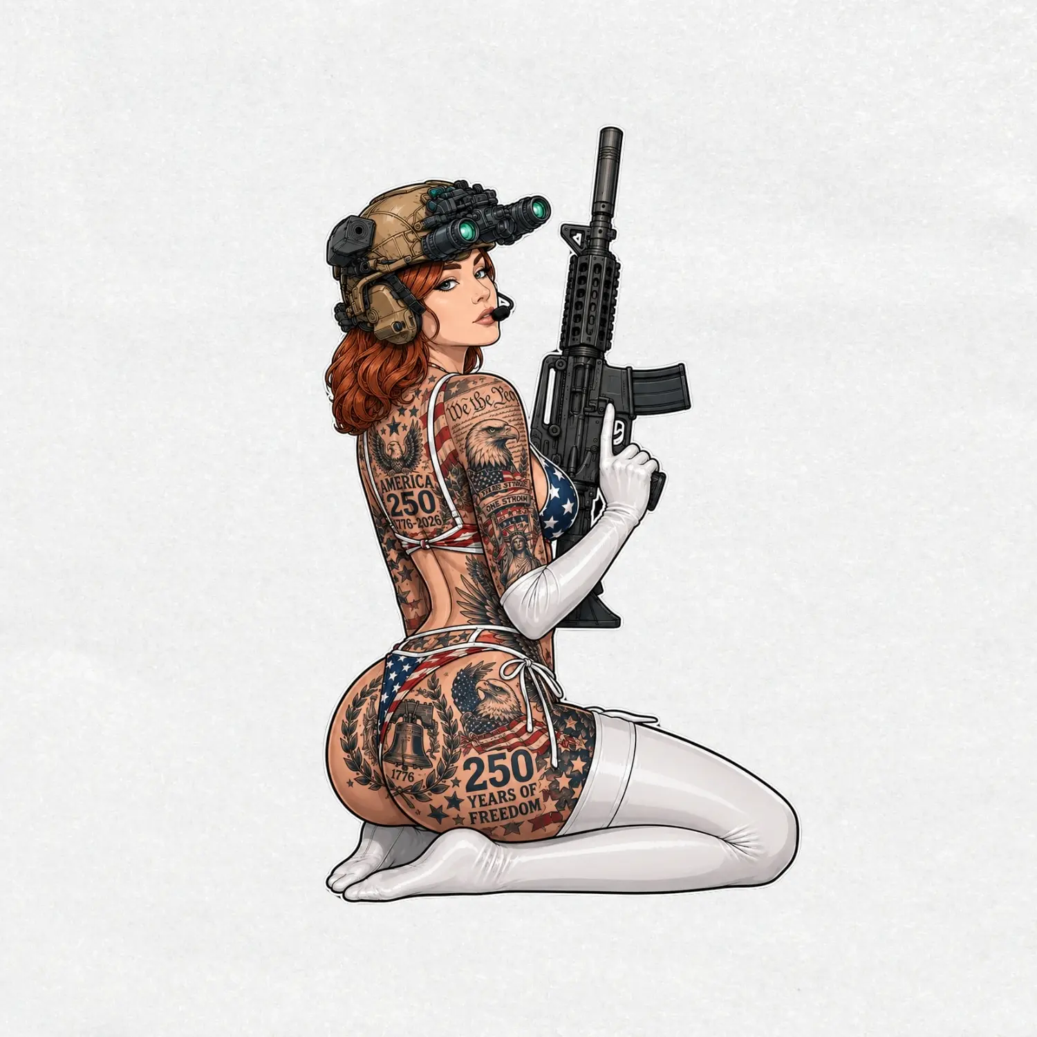 America 250 Patriotic Pin-Up Soldier Girl Sticker  1776–2026 USA Independence Anniversary Vinyl Decal  250 Years of Freedom Tattoo Art