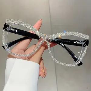 Rhinestone Cat Eye Glasses Women Clear Frame Non Prescription Eyewear Lightweight Metal Hinges Decorative Lenses Daily Wear Party Use