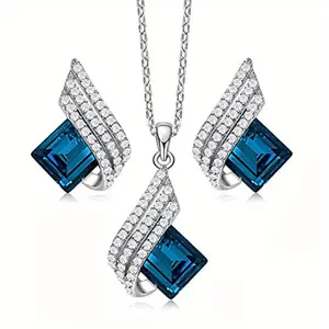 3-piece elegant alloy jewelry set with sparkling blue artificial crystals - a fashionable pendant necklace and earrings for ladies, an ideal birthday gift.