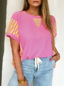 Women's Bright Pink Waffle Textured Contrast Striped Patchwork Loose Tee, Casual Everyday Short Sleeve Top for Women, Relaxed Summer Color Block Shirt, Chic Waffle Knit Apparel