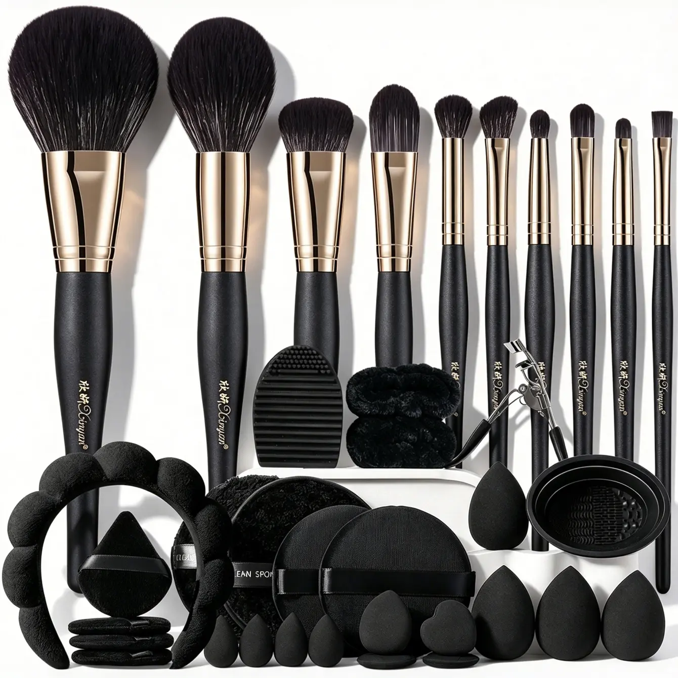 Classic Black All-In-1 Makeup Tools Set - Cosmetic Brushes, Beauty Sponges, Triangle Powder Puffs, Plush Flower Hairband, Wristbands, Eyelash Curler, Silicone Cleaner Bowl for Daily Full Face Makeup & Travel, Makeup Products, Complete Pack
