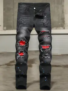 Men Black Faded Distressed Flare Jeans Red Inner Lining Ripped Hole Blue Splatter Paint Micro Bootcut Stacked Denim Pants Y2K Hip Hop Streetwear Trousers