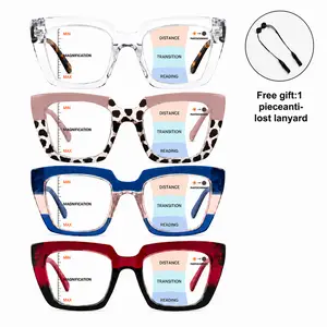 Progressive Multifocal Photochromic Reading Glasses, 3-in-1 Far Mid Near Vision Readers for Women Men, Fashion Square Frame, Free Anti-Lost Lanyard Included