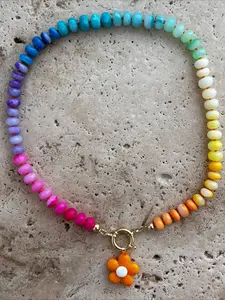 CYL&RY Boho Rainbow Stone Beaded Necklace, Layerable Colorful Choker with Flower Pendant, Versatile Jewelry for Summer Vacations, Beach Trips, Festivals and Boho Styling, Dainty Layering Jewelry