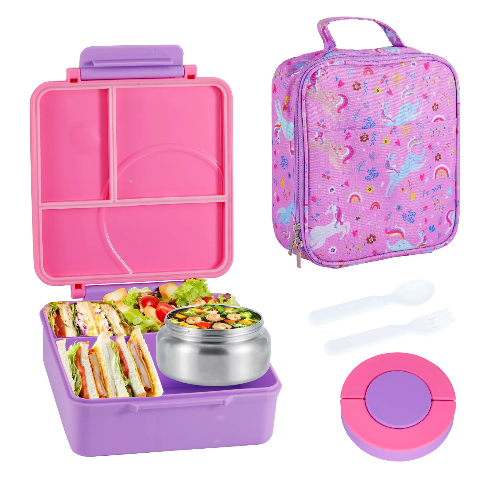 Bento Lunch Box Set for Kids, 8oz Soup Thermo, Leak-Proof 4 Compartment, Kids Thermo Hot Food Jar, Insulated Lunch Bag for School