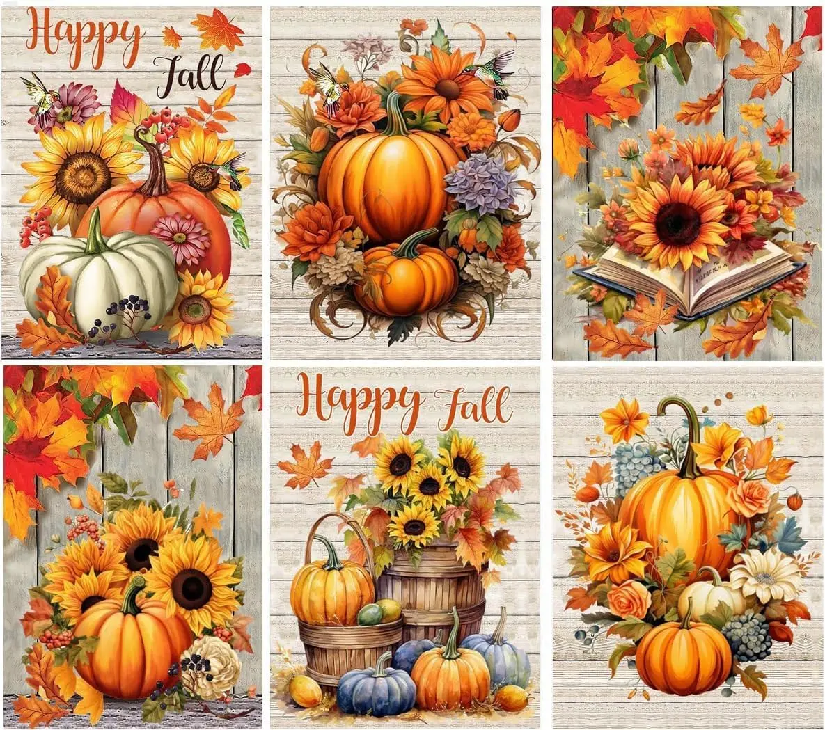 5D Full Drill Diamond Painting Kit - 6-Piece Fall Harvest Bundle with Pumpkins, Sunflowers, Maple Leaves, Floral "Happy Fall" Designs, Rustic Farmhouse Wall Decor for Halloween, Christmas, Graduations, Diamond Art Stress Reliever, Thanksgiving