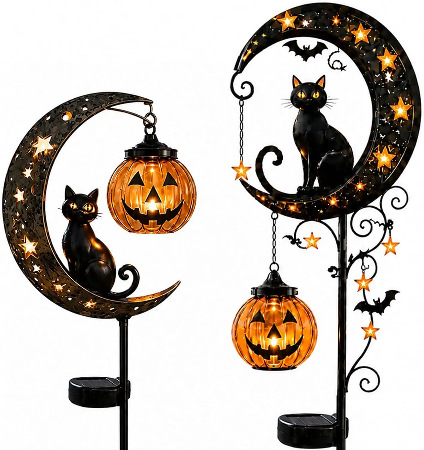 2PCS 2026 Halloween Solar Outdoor LED Garden Stake Lights-Waterproof Black Cat, Crescent Moon, Metal Jack O' Lantern Fairy Lights with Auto On/Off, Night Glow for Yd Patio Walkway, Gothic Spooky Decor Gift for Home Improvement Garden Supplies (A+B)