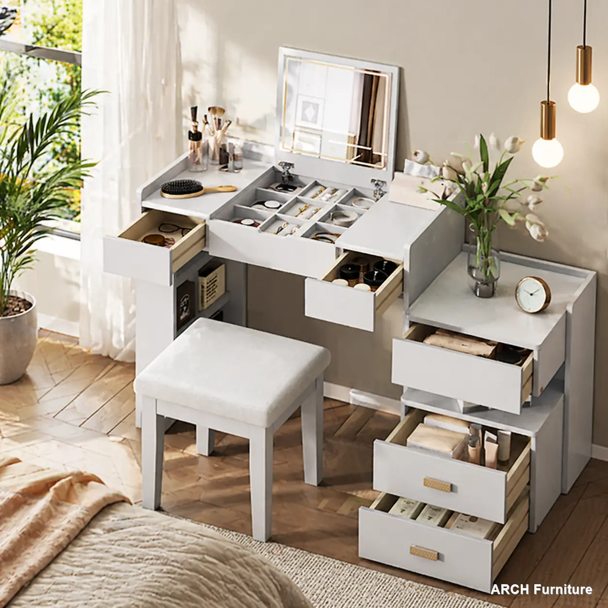 White 3-in-1 ARCH Stylish Full-Size Self-Contained Makeup Vanity Desk - Flip-Top Mirror, LED Lighting, Adjustable Length, Multi-Drawer Drawer-Equipped Storage, Stool Included for Home Use, Stylish Makeup Vanities, Full-Size Makeup Vanities