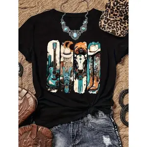 Vintage Western Cowboy Graphic T-Shirt For Women Featuring Boots Hats And Guitar Design In Soft Breathable Fabric Perfect For Casual Summer Wear