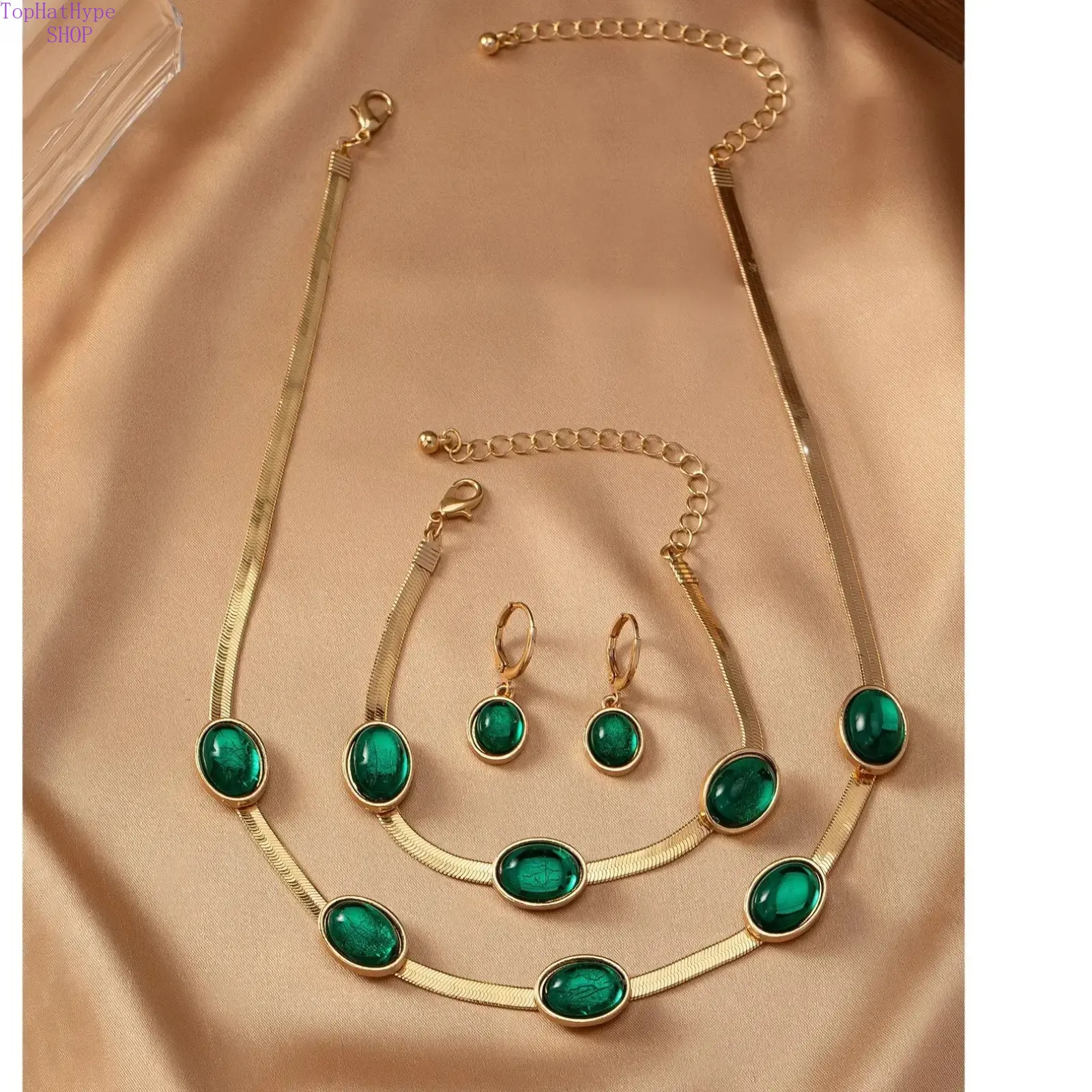 Women’s Vintage Green Crystal Jewelry Set - Necklace, Bracelet & Dangle Earrings - Bling, Luxe, Trendy Statement Accessories for Daily Wear & Formal Occasions, Bling Jewelry Sets, Luxe Jewelry Sets