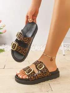 Women's Thick Sole Sandals Square Buckle Leopard Print Fashion Versatile Outdoor Slip-On Slippers, Trendy Casual Slippers, Casual PU Leather Shoes Footwear Pu Leather Slides