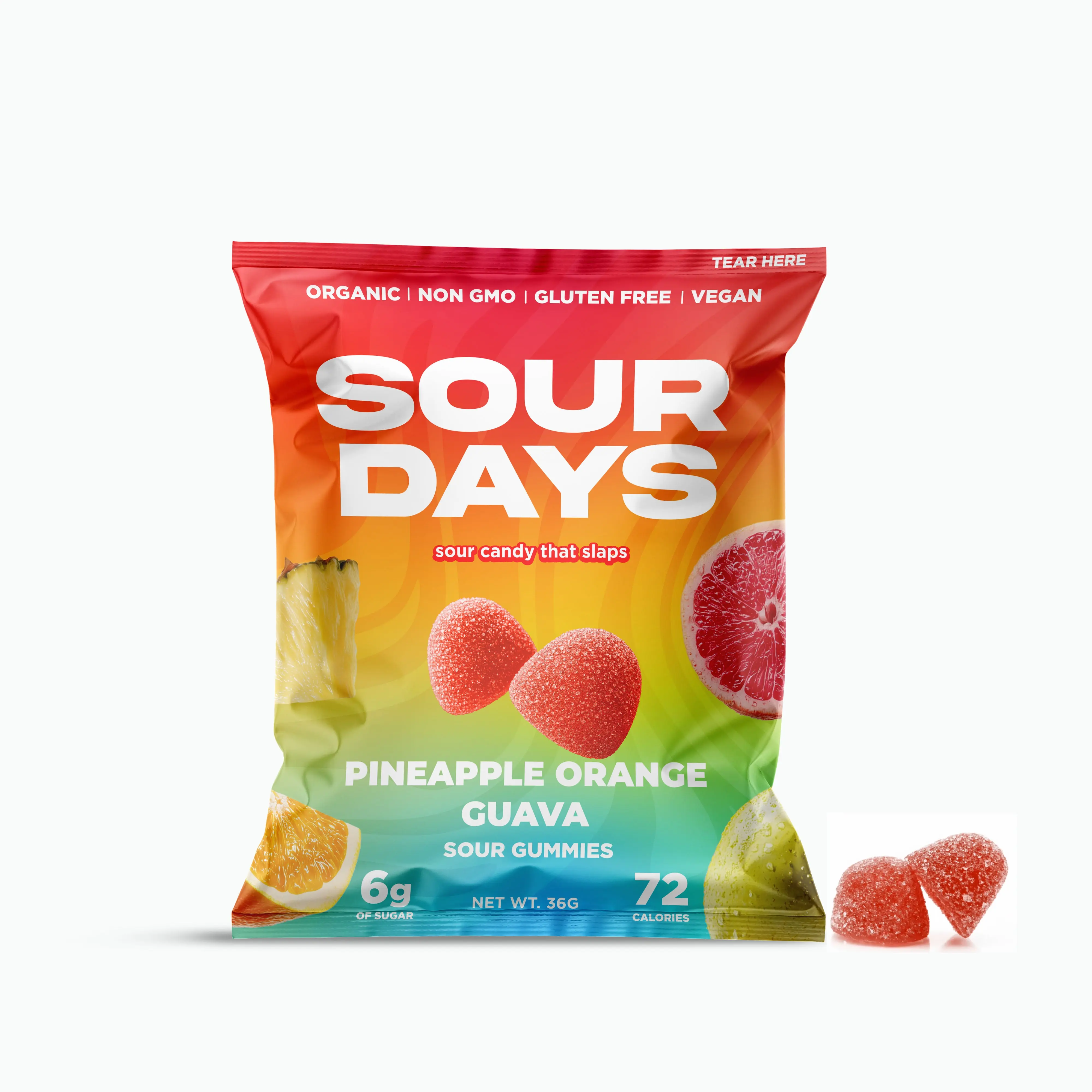 6 Pack Sour Days Organic Sour Pineapple Orange Guava Gummies