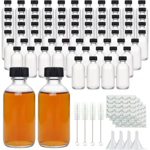 Small Clear Glass Bottles with Lids, 2 oz Glass Containers with Labels, Funnels and Brushes, Round Sample Bottles for Juice, Oils, Ginger Shots, , Liquids, 80 Pack