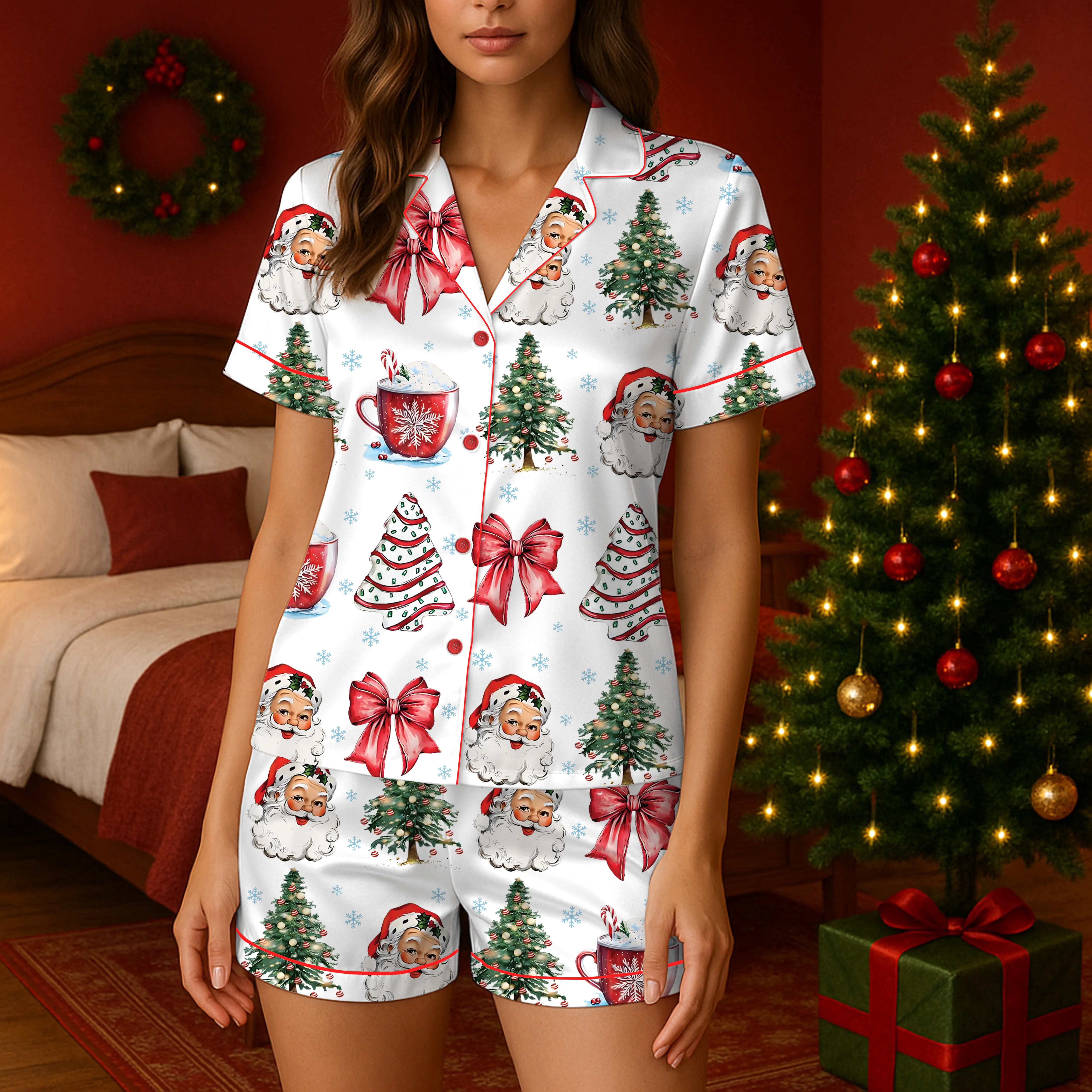 Coquette Christmas Satin Pajama Set, Christmas Santa Red Cup Tee Pajama Set, Holiday Hot Pajama, Pajama Nightwear Set for Her Women
