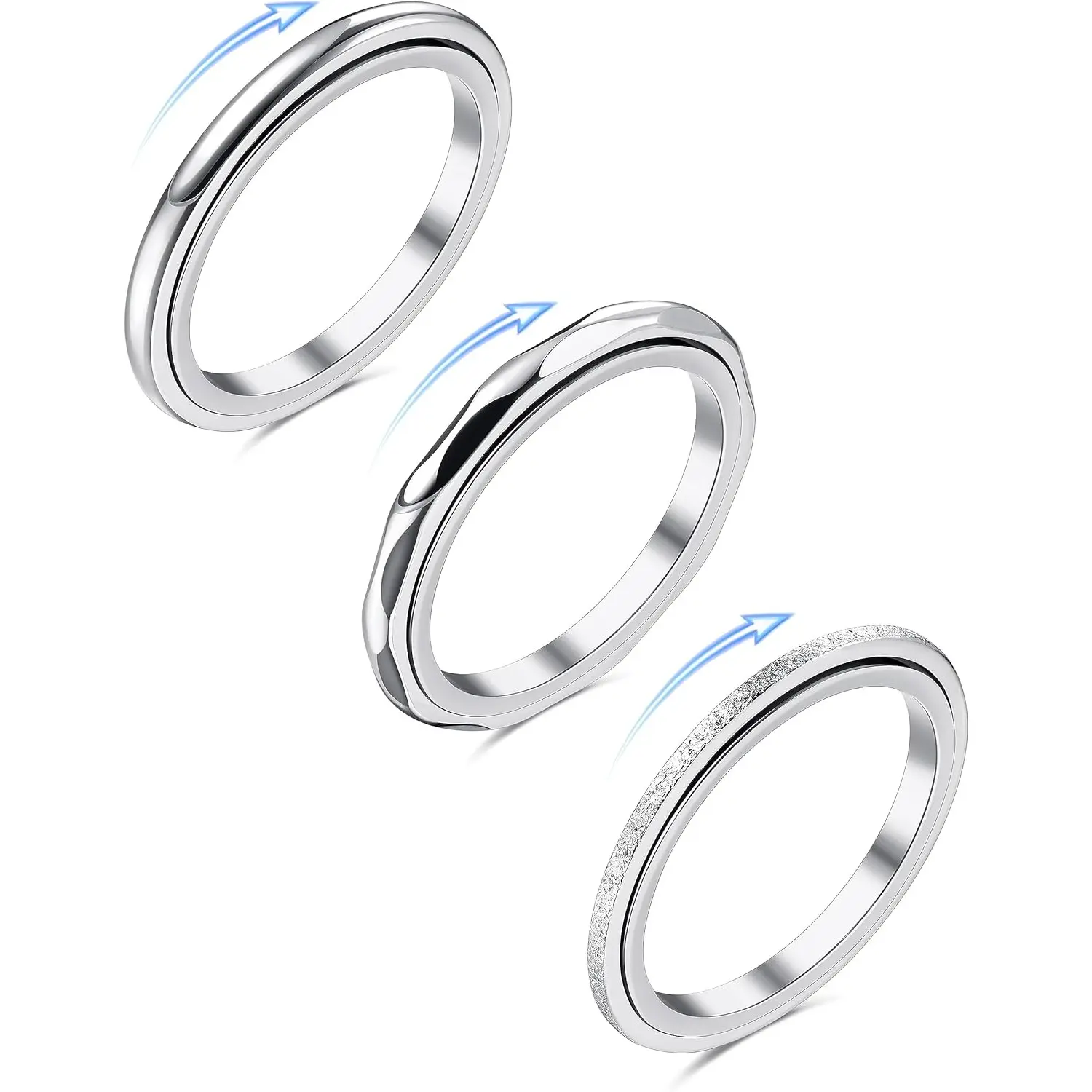 MILACOLATO 3 Pcs Fidget Ring Womens Rings Stainless Steel Rings Set Anxiety Rings Anti Stress Ring Band Rings Thumb Rings Silver Rings for Women Spinner Ring Fidget Ring for Anxiety Women Men, Stacking Ring Set
