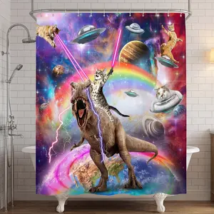 Funny Dinosaur Cat Waterproof Shower Curtain Set Cool Children's Boys' Galaxy Space Universe Funny Animal Bathroom Set Accessories Decor, Shower Essentials, Bathroom Floor Mat Toilet Seat Cover, Includes 12 Hooks