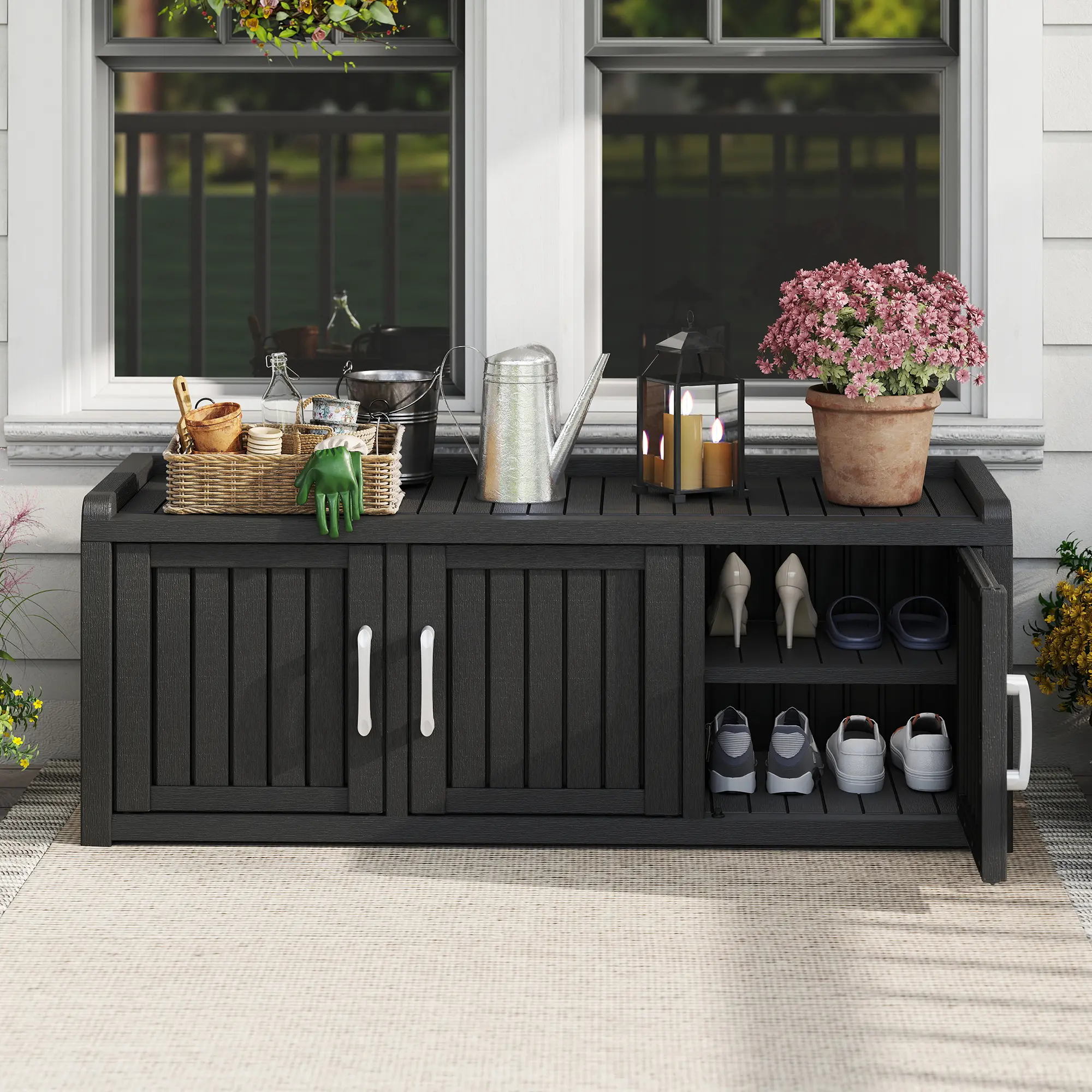 Summervibes LHBCraft Outdoor Shoe Storage Cabinet, Waterproof UV-Resistant Entryway Storage Bench Indoor Outdoor with Barn Doors,Bedroom, Hallway,Living Room(Black),