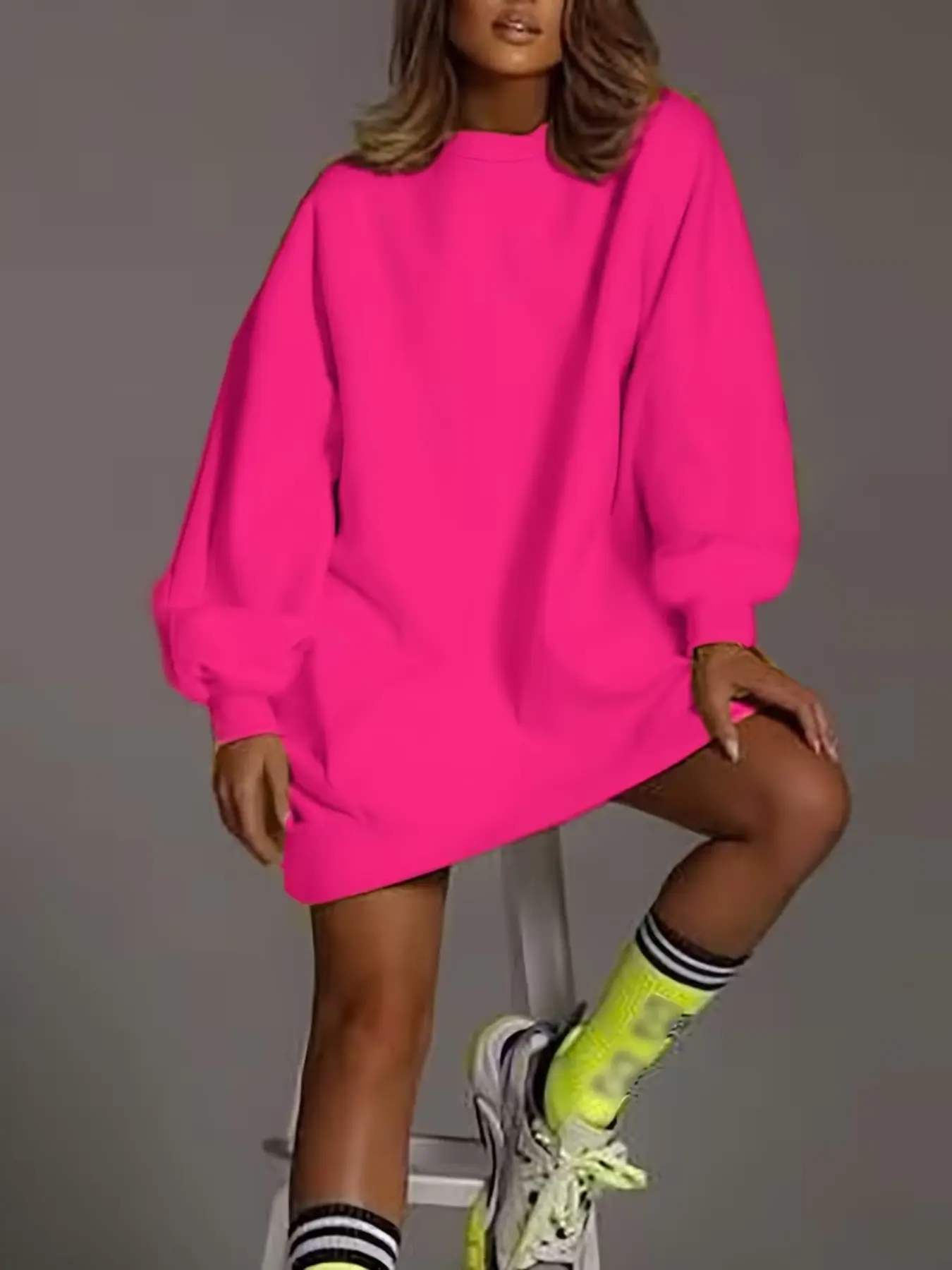 Women's Casual Fashion Basic Round Neck Ribbed Sporty Sweater, Fluorescent Loose Fit Baggy Pullover Sweatshirts, Comfortable Fall & Winter Clothing, Womenswear, Piece