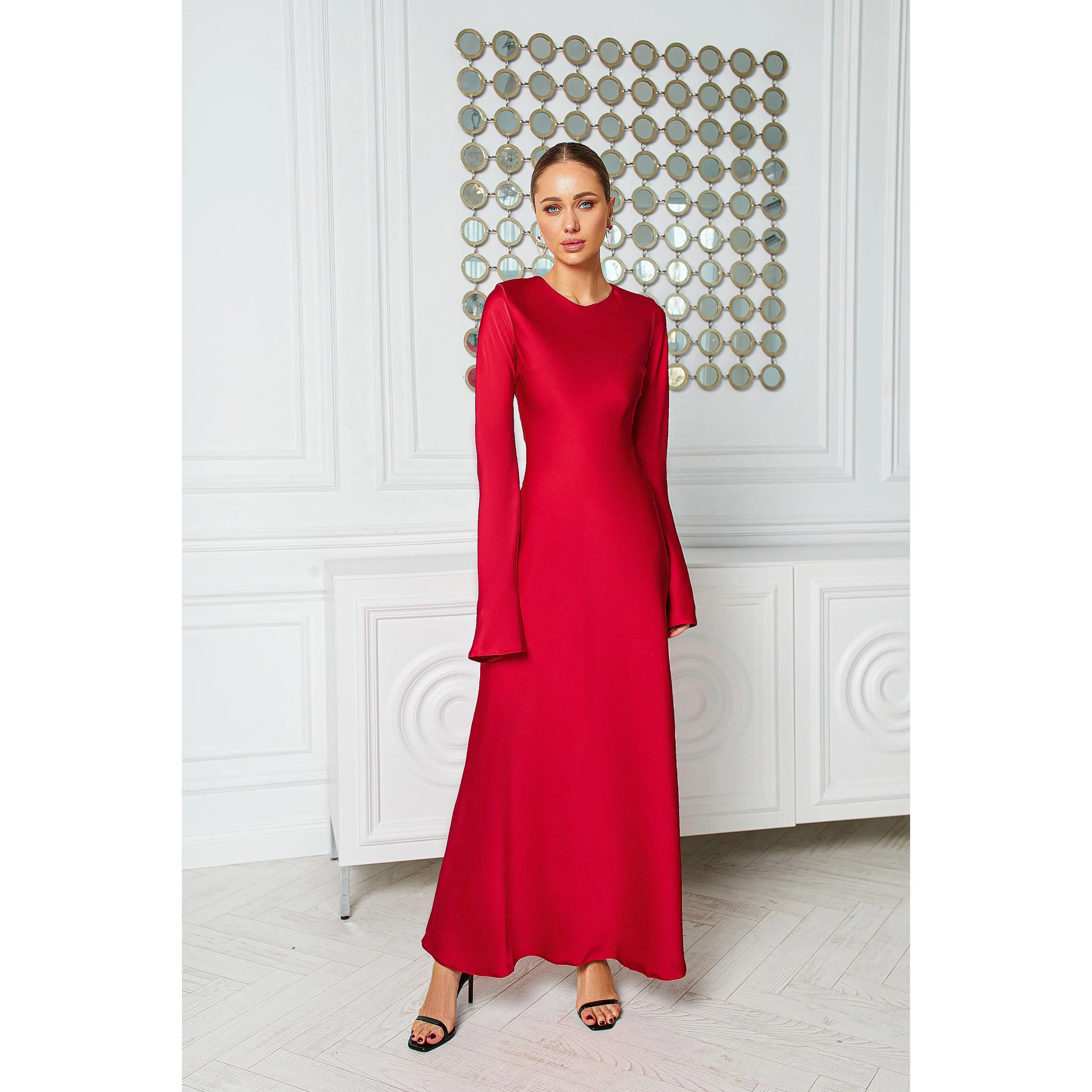 Alexa Red Satin Long Sleeve Maxi Dress