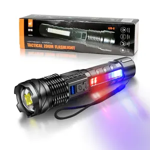 Ultra-Bright Zoom LED Flashlight, Featuring 6 Lighting Modes (Including Red & Blue Emergency Strobe), a 200-Meter Beam Range, and USB-C Charging. A High-Performance Flashlight Designed for Camping, Hiking, and Emergency Situations.