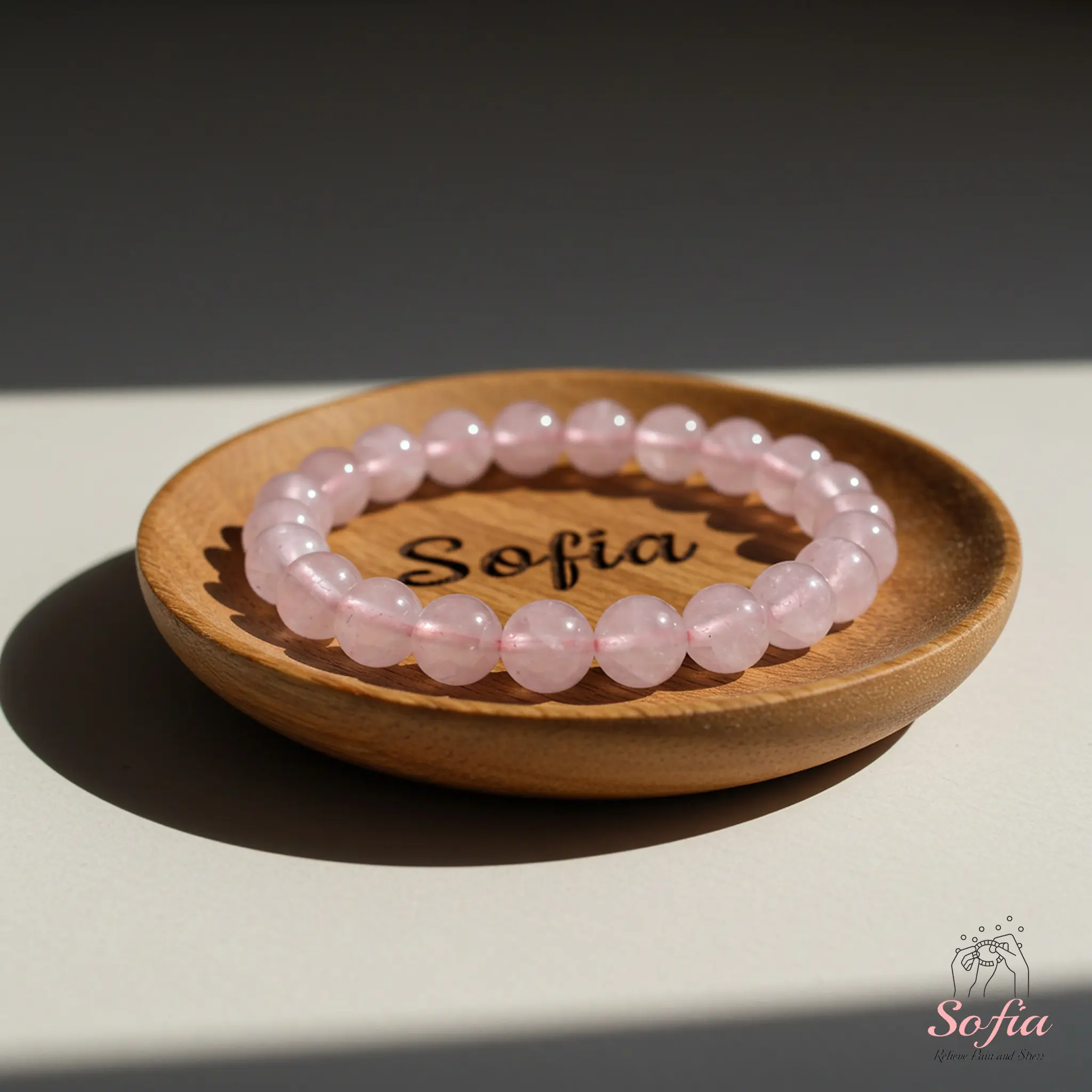 Sofia Natural Rose Quartz 8mm Pink Crystal Beaded Pretty Bracelet, Handmade Boho Style Elastic Cord Stretch, Comfortable Fit for Daily Use
