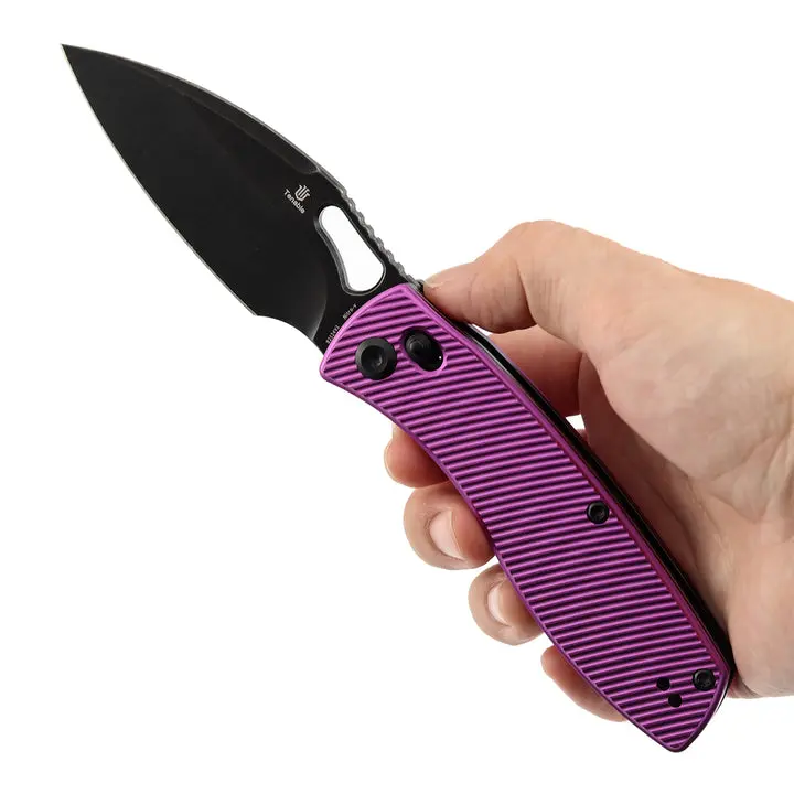 Heron Crossbar Lock Folding Knife - 3.13" Blackwash/Rose Gold/Damascus Nitro-V Blade | Purple/Black/Beadblasted Aluminum Handle | Johan Jordaan- B2124V1, Damascus Steel, 3.13 In