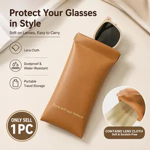 Stylish Squeeze Top Sunglass Case with Cleaning Cloth, Versatile Soft PU Leather Eyeglass Glass Case for Women Men, Compact and Portable, Travel Large Sunglasses Pouch, Glasses storage bag,organize your eyeglasses, pens, coins, earphones, lipstick