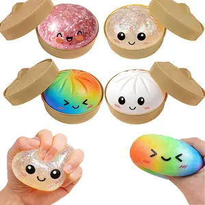 Glitter Dumpling Squishy with Steamer Box, Soft Sensory Squeeze Toy for Stress Relief, Mystery Glitter Dumplings, Decompression Dough