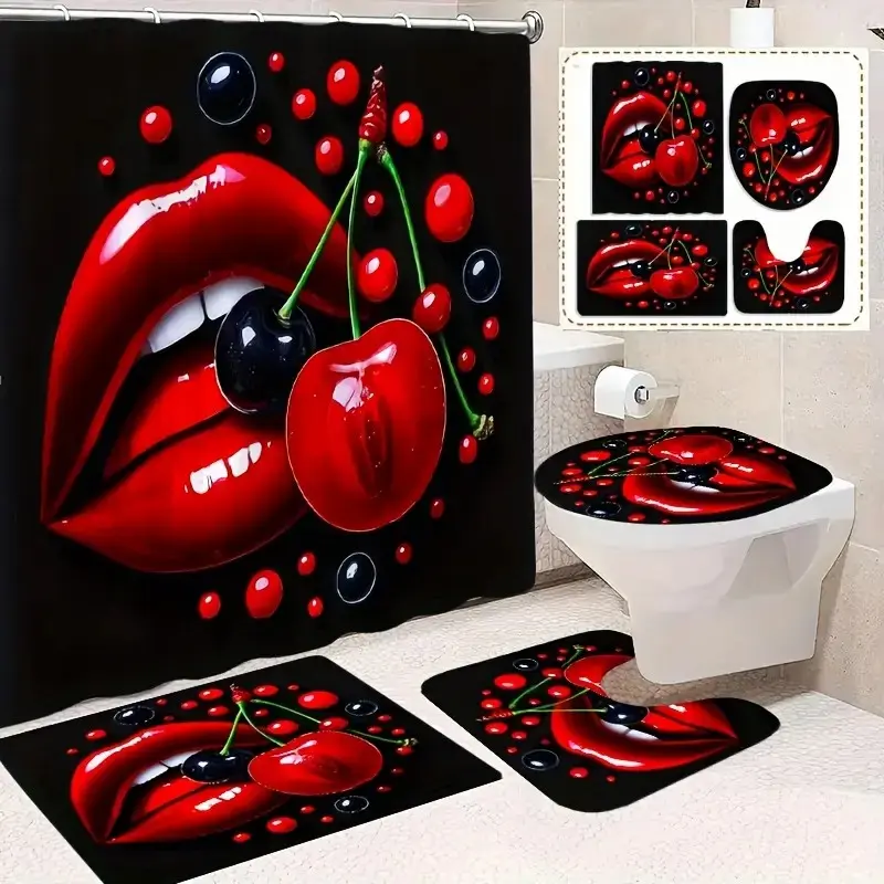 1/4 pcs Red Lips Cherry pattern shower curtain set, Decorative shower curtain, festive design, non-slip floor mat, U-shaped carpet, toilet lid cover, bathroom decoration, partition, 12 shower curtain hooks included, Bathroom shower curtain sets