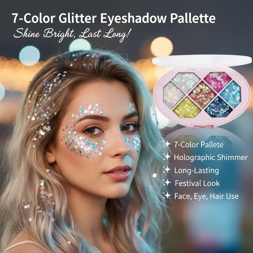 Cmaadu Multichrome Eyeshadow Palette, 7-Color Chunky Glitter Jelly Gel for Face and Body, Long-Lasting Holographic Glowing Makeup for Festivals and Cosplay, Youth, Cheeks, Cosmetic, Brightening Multi Chromatic Eyeshadow Daily