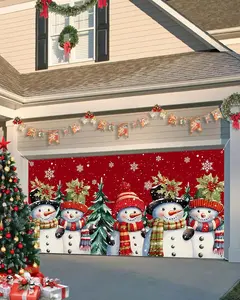 Christmas Garage Door Banner Cover 7 X 8 Ft, Red Christmas Hat Snowman Christma Singingin