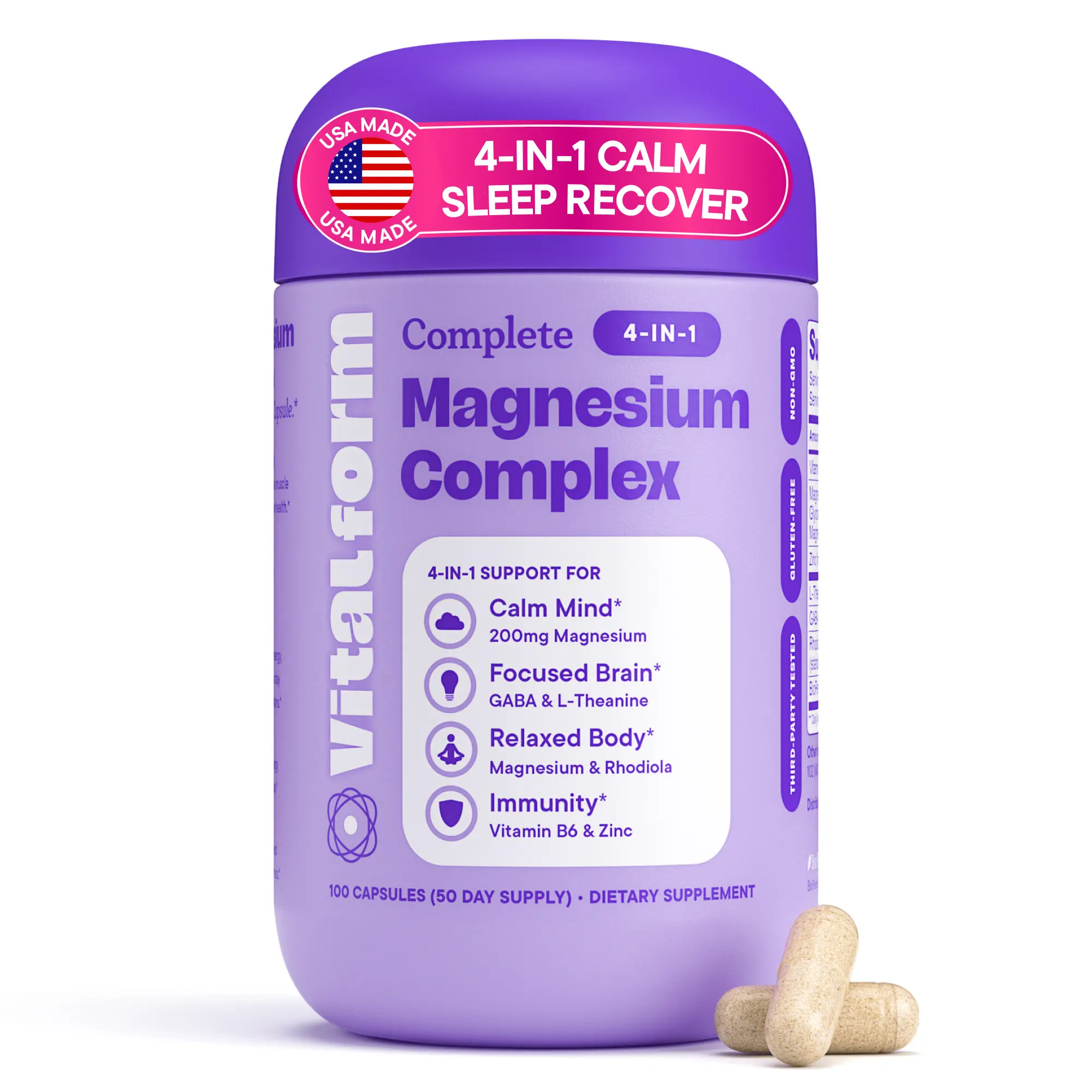 VitalForm Magnesium Glycinate – 4-in-1 Stress, Sleep, Mood & Recovery Support with GABA, L-Theanine, Rhodiola, Zinc & B6 – 200mg – 100 Vegan Capsules – Non-GMO