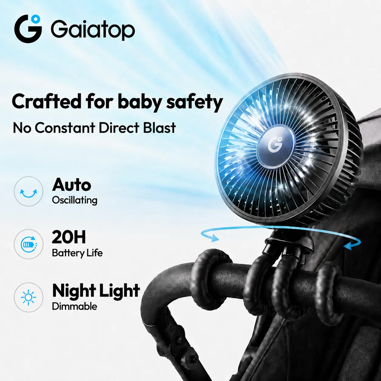 [ Auto-Oscillating | 20H Battery Life] GAIATOP Baby Stroller Fan with Mosquito Repellent, Flexible Octopus Clip-on Fan, Portable Cooling Fan for Travel Accessory, Car Seat & Nursery, Practical Family Gift