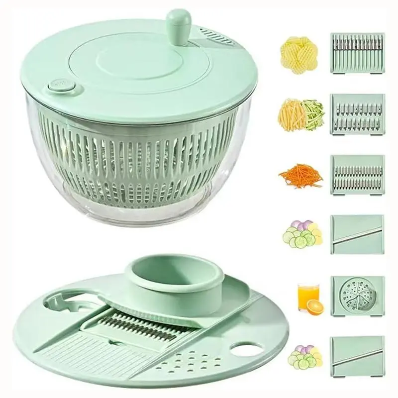5.3 Qt Plastic 3-in-1 Auto-Spinning Salad Spinner Kitchen Utensils Set - Durable Food Prep Vegetable Tool with Washing Bowl, Strainer, 5-Blade Slicer, Egg Yolk Strainer for Fruit & Vegetable Cleaning, Daily Use