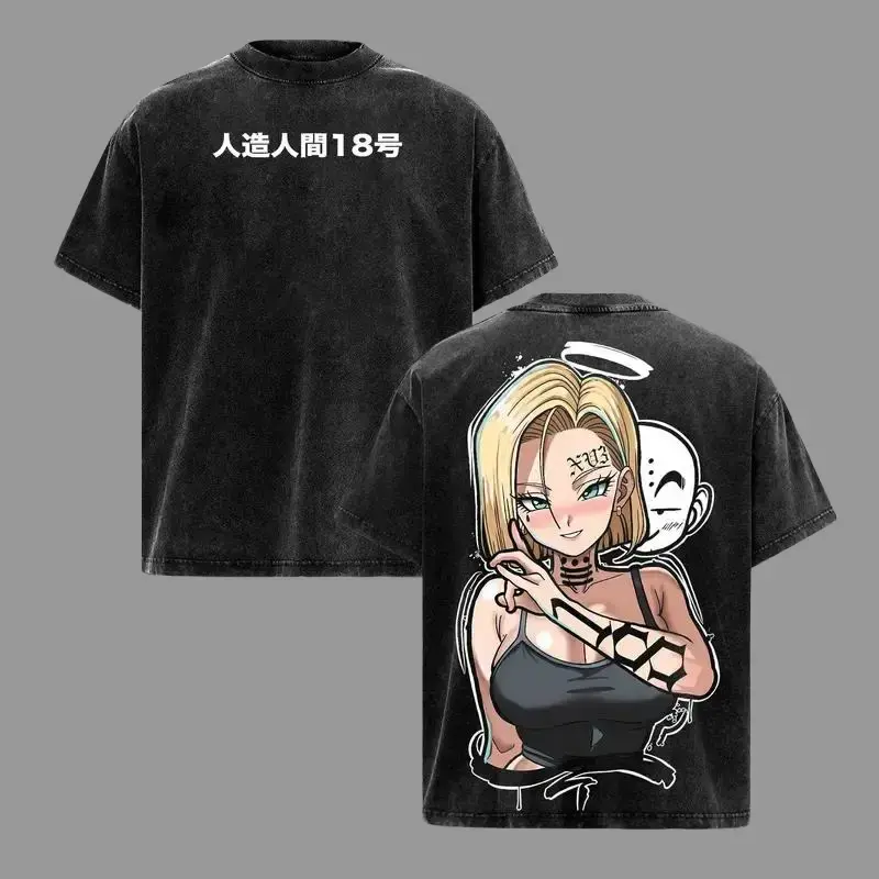 Men's Classic Ribbed Seamless Cotton Soft Short-Sleeve Android 18 Tattoo Graphic T-Shirt - DBZ Anime-Inspired 90s Retro Washed Dark Aesthetic Oversized Unisex Top