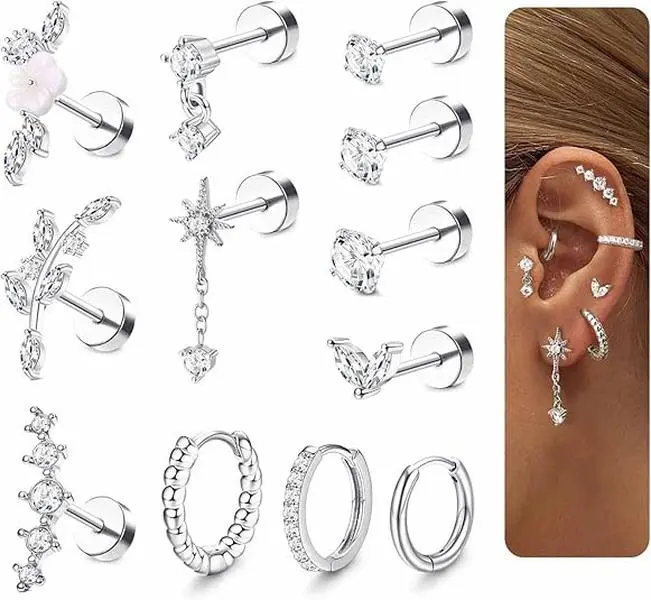 12-Piece Cartilage Earring Set for Women, Gold Plated Surgical Steel Hoops, Studs & Dangle Earrings with CZ, 16G Hypoallergenic Flat Back Rook Jewelry for Helix & Tragus