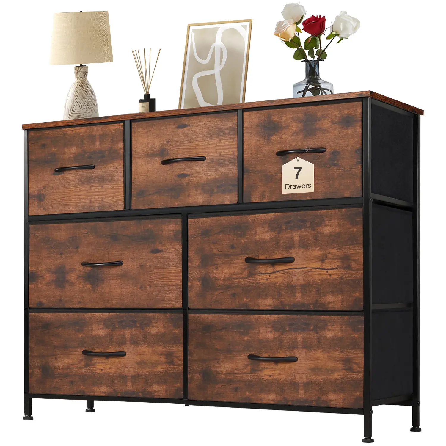 [Deal] 7-Drawer Fabric Storage Dresser-Tall Organizer with Steel Frame, Wood Top-Chest with Bins for Bedroom, Closet, Entryway Cabinet Organization