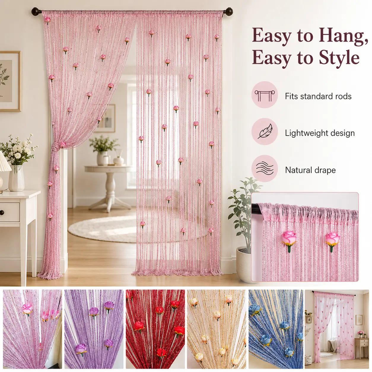 Cute Floral Porch Tassel Curtain | Semi-transparent Tassel Room Divider for College Dorms and Bedrooms—Perfect for Rental Homes, Apartments, Bachelorette Parties, and Graduation Decor—39 x 79 Inches