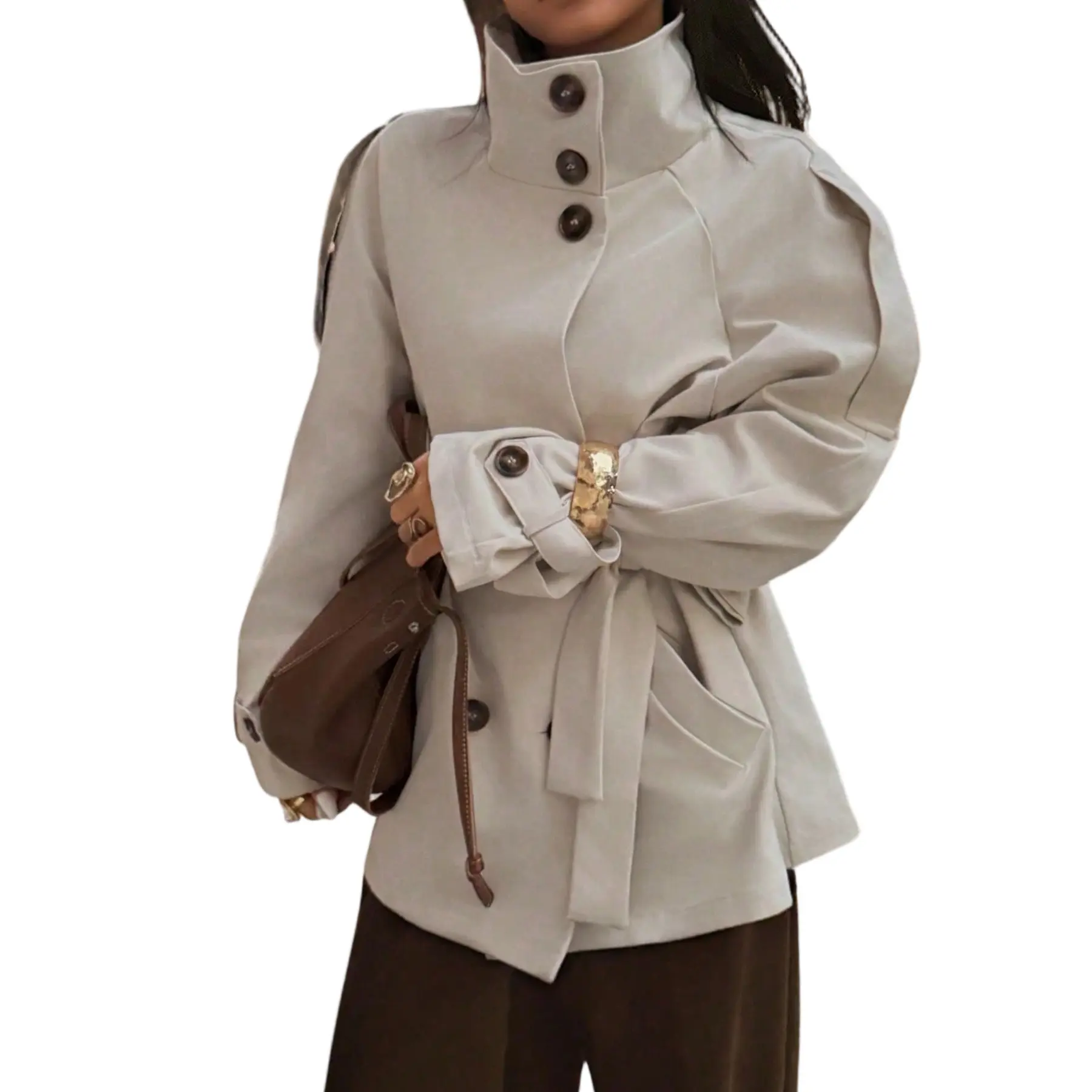 Songling Women's High-Neck Double-Breasted Button-Up Oversized Pilot Trench Coat - Waist Belt Detail Relaxed-Fit Rain Jacket for Spring