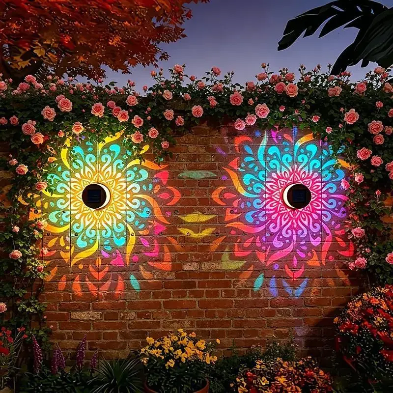2026 New 2-Pack RGB Solar Mandala Projector Wall Lights,Waterproof Metal Fence Light,Outdoor Decor for Patio,Garden,Backyard,Courtyard,Outdoor Decorative Lights,Patio Lighting,Solar Powered Lighting