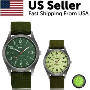 SOKI Men's Military Army Luminous 24 Hours Dial Nylon Strap Date Quartz Wrist Watch Brown/Luminous Waterproof for Outdoor Sports Hiking Camping